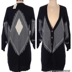 NWT Yerse Wool Button Cardigan Longline Geometric Black White Gray Argyle Aztec